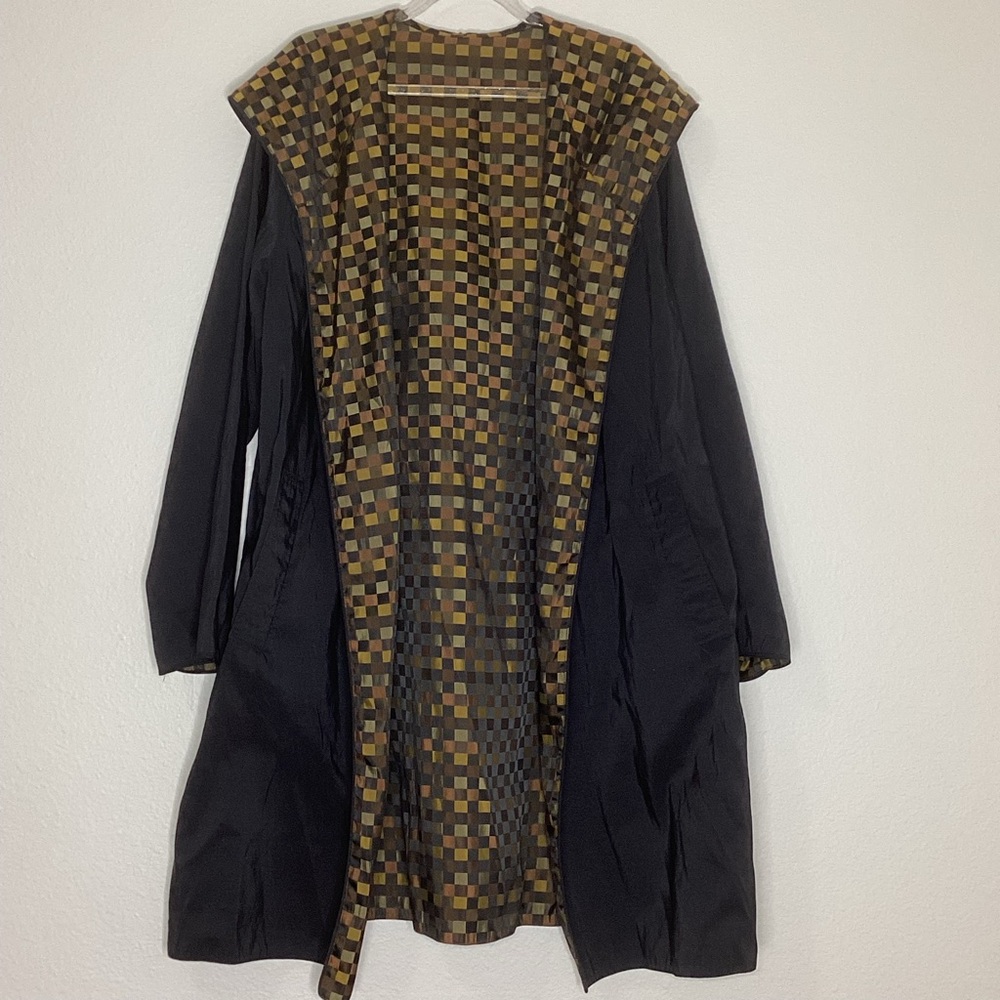 Mycra PAC Reversible Swing Coat Hooded Black Brown Checks Packable S/M